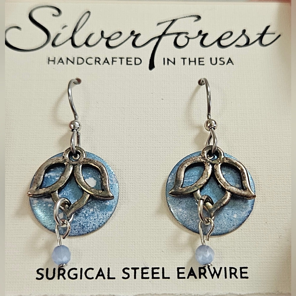 Silver Forest Blue Patina Celtic Drop Earrings with Silver Accents